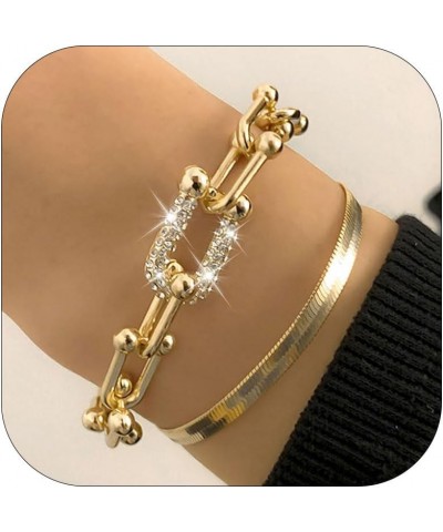 Gold Bracelets for Women Gold Plated Bracelets Non Tarnish Stackable Bracelets Set Cuban Chain Link Bracelets Rhinestone Tenn...