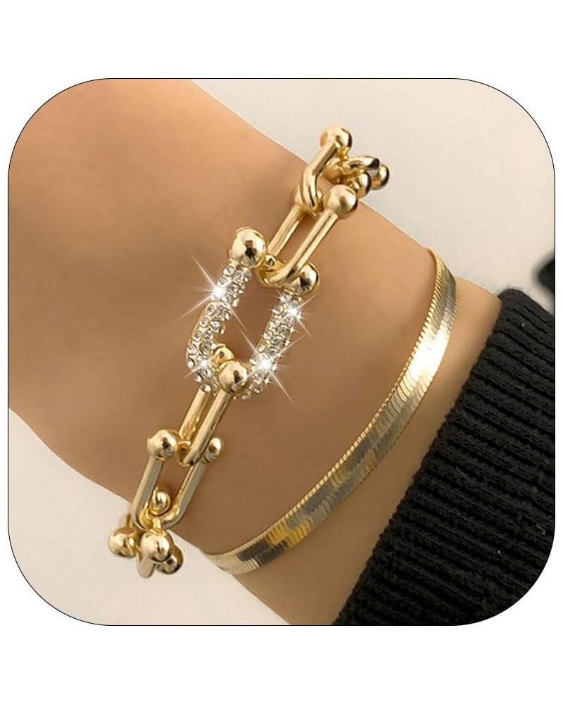 Gold Bracelets for Women Gold Plated Bracelets Non Tarnish Stackable Bracelets Set Cuban Chain Link Bracelets Rhinestone Tenn...