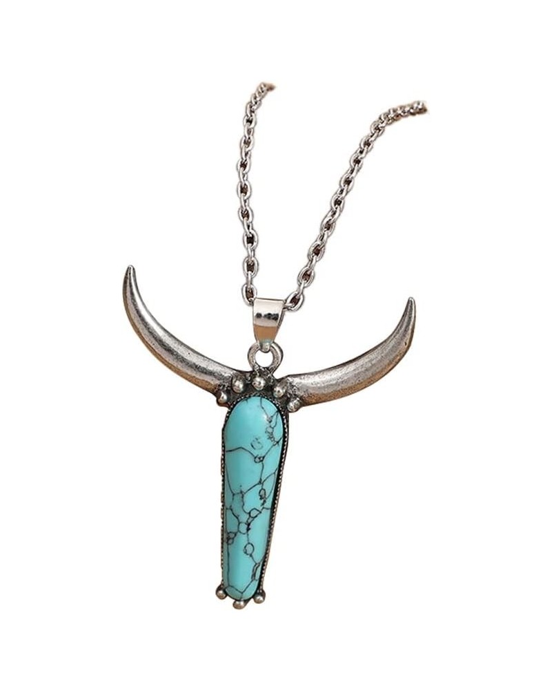 Western Turquoise Cowboy Cowgilrs Lightning Pendant Necklace Bull Head Bar Y Necklace for Women Gemstone Cattle Bohemian Trib...