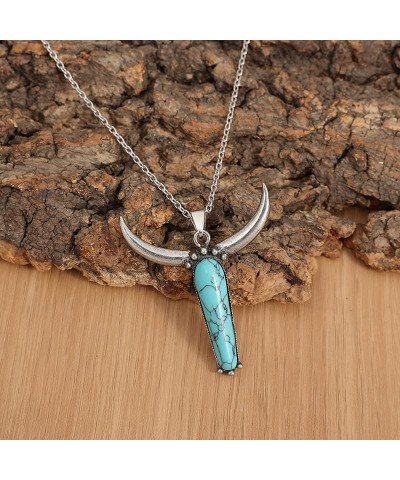 Western Turquoise Cowboy Cowgilrs Lightning Pendant Necklace Bull Head Bar Y Necklace for Women Gemstone Cattle Bohemian Trib...