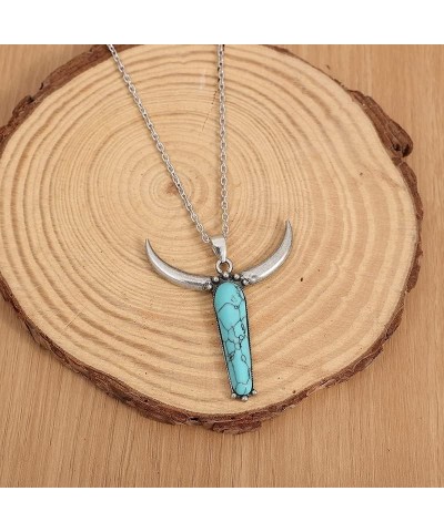 Western Turquoise Cowboy Cowgilrs Lightning Pendant Necklace Bull Head Bar Y Necklace for Women Gemstone Cattle Bohemian Trib...