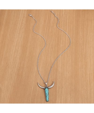 Western Turquoise Cowboy Cowgilrs Lightning Pendant Necklace Bull Head Bar Y Necklace for Women Gemstone Cattle Bohemian Trib...