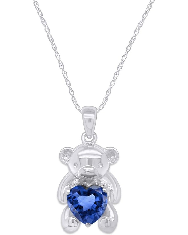 925 Sterling Silver Teddy Bear Pendant Necklace with Simulated Gemstone Love Heart Bear white-gold-plated-silver blue sapphir...