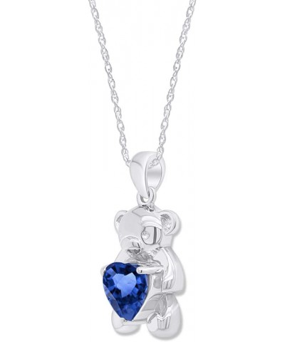 925 Sterling Silver Teddy Bear Pendant Necklace with Simulated Gemstone Love Heart Bear white-gold-plated-silver blue sapphir...