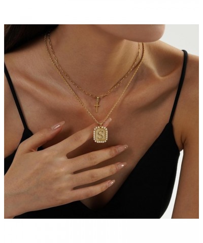 Cross Necklace for Women Layered Gold Necklaces Square Initial Pendant Layering Rope Chain Birthday Gifts for Teen Girls E $1...