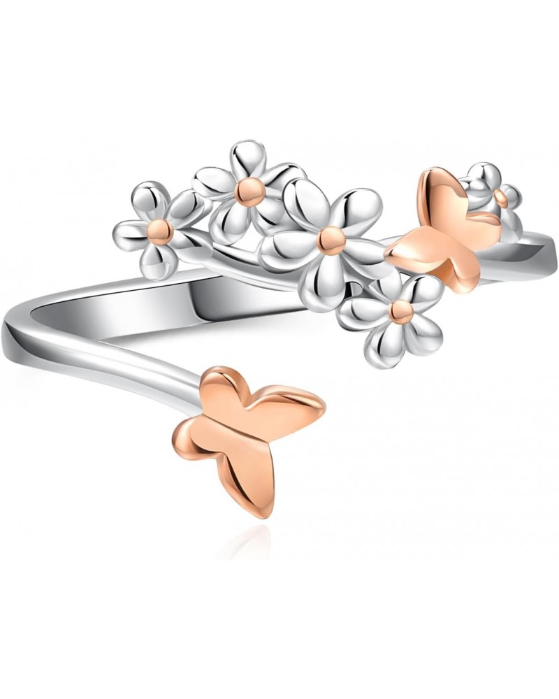 Flower Ring for Women 925 Sterling Silver Adjustable Butterfly Ring Daisy Ring Open Ring Flower Jewelry Gift for Birthday Ann...