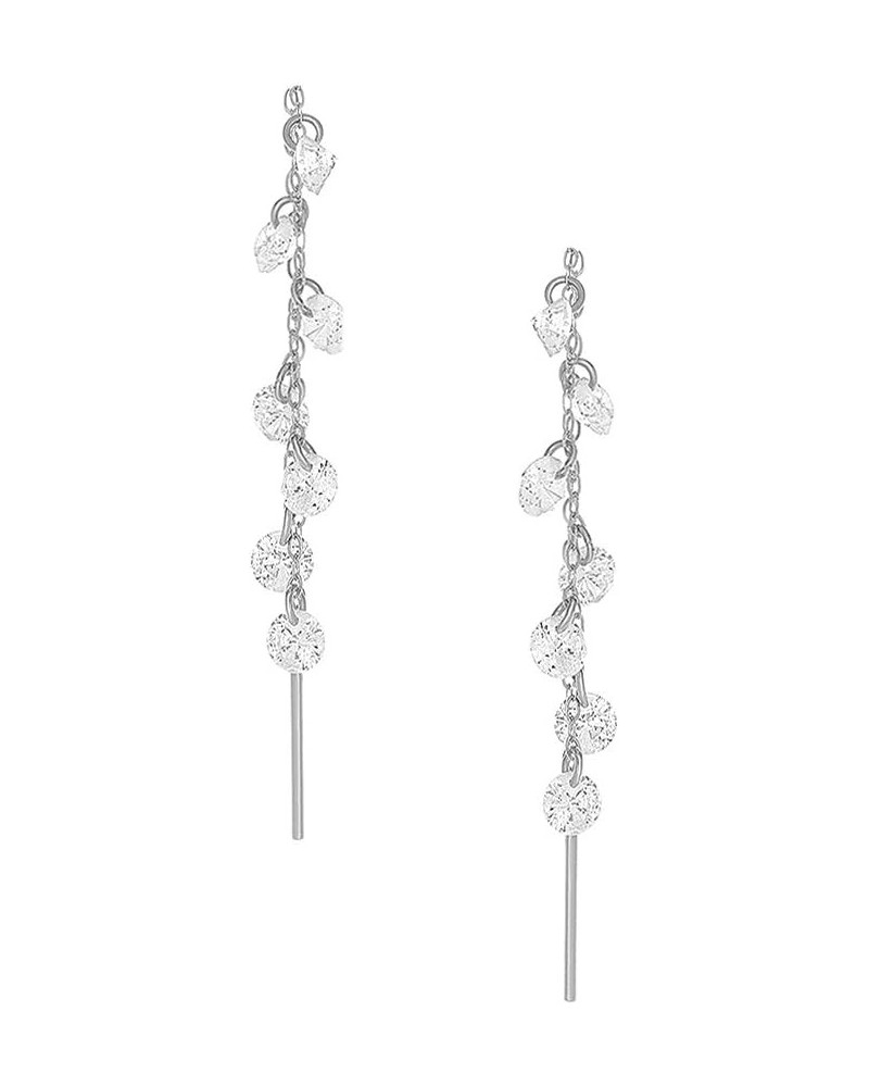 Solid 14K White Gold Earrings Handmade Round CZ Stone Dangle Threader Drop Earrings $54.45 Earrings