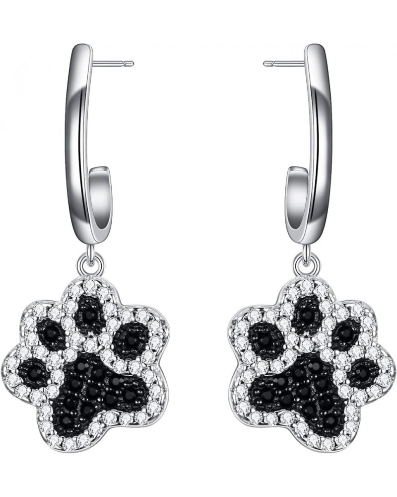 925 Sterling Silver Cute Cubic Zirconia Dog's Paws Footprint Dangle Pierced Earrings Puppy Dog Cat Pet Paw Print Love Heart E...