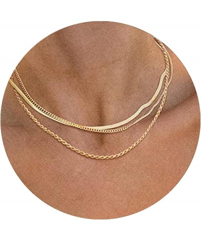 Gold Layered Necklace Set for Women Herringbone Necklace for Women Dainty Flat Snake Chain Layering Necklace Gold Choker Laye...