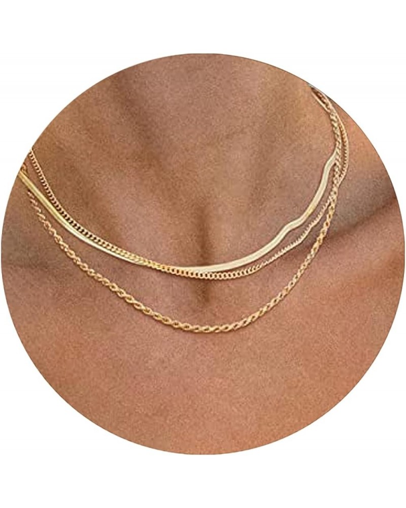 Gold Layered Necklace Set for Women Herringbone Necklace for Women Dainty Flat Snake Chain Layering Necklace Gold Choker Laye...