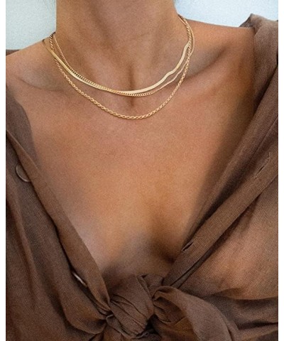 Gold Layered Necklace Set for Women Herringbone Necklace for Women Dainty Flat Snake Chain Layering Necklace Gold Choker Laye...