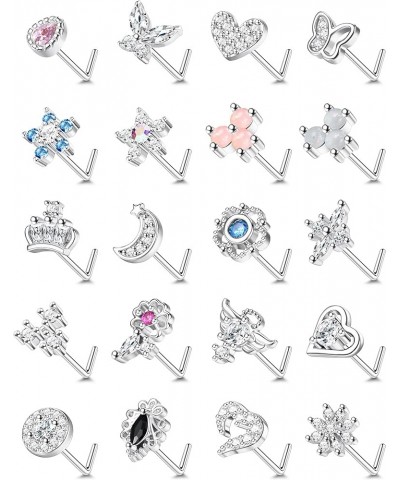 20 Pcs 20G Nose Rings Studs for Women Stainless Steel L Shaped Nose Studs Heart Butterfly Flower Snowflake Crown Wing CZ Nose...