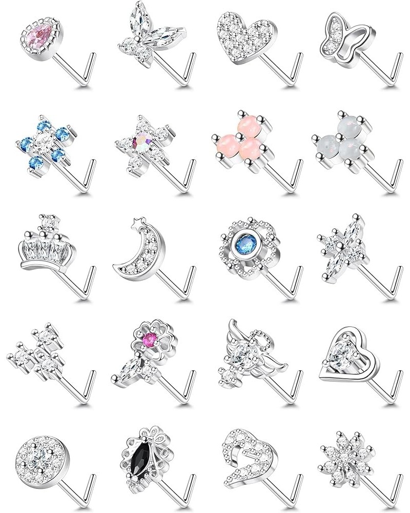 20 Pcs 20G Nose Rings Studs for Women Stainless Steel L Shaped Nose Studs Heart Butterfly Flower Snowflake Crown Wing CZ Nose...