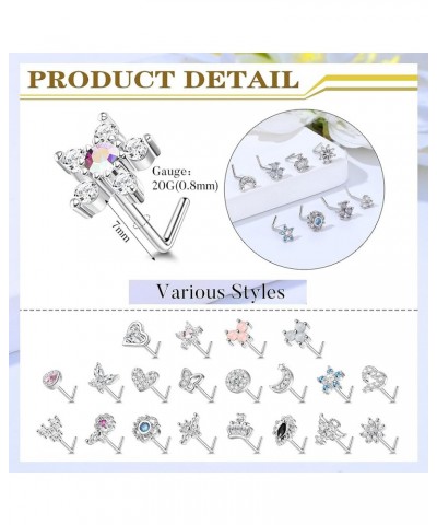 20 Pcs 20G Nose Rings Studs for Women Stainless Steel L Shaped Nose Studs Heart Butterfly Flower Snowflake Crown Wing CZ Nose...