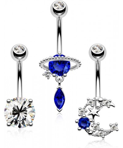 14G Belly Button Rings Pack Stainless Steel 316L Blue Belly Rings for Women Clear CZ Planet Belly Piercing Moon Navel Barbell...