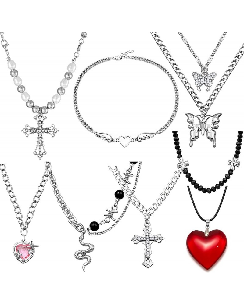 8PCS Grunge Necklaces Y2k Accessories Goth Cross Butterfly Snake Heart Necklaces Y2k Necklace Set Gothic Angel Heart Wing Cho...