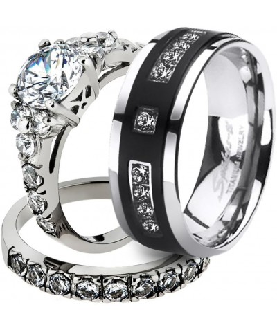 His and Her Stainless Steel 2.50 Carat Cubic Zirconia Bridal Set and Men's Titanium Wedding Band Women's Size 10 Men's Size 1...