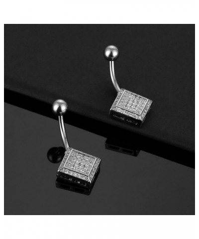 2Pcs Diamond Belly Button Ring Stainless Steel CZ Barbell Silver Geometry Square Belly Piercing Jewelry Body Retainer 14G (1....