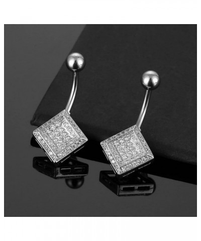 2Pcs Diamond Belly Button Ring Stainless Steel CZ Barbell Silver Geometry Square Belly Piercing Jewelry Body Retainer 14G (1....