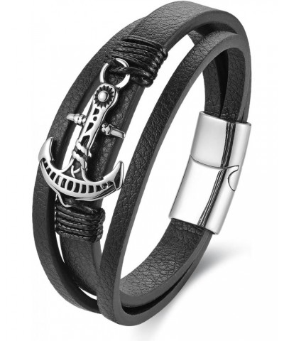 Steel Nautical Sailing Rope Marine Anchor Charm Three-strand Black Leather Bangle Bracelet $10.75 Bracelets