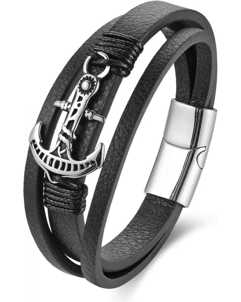 Steel Nautical Sailing Rope Marine Anchor Charm Three-strand Black Leather Bangle Bracelet $10.75 Bracelets