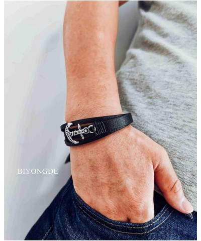 Steel Nautical Sailing Rope Marine Anchor Charm Three-strand Black Leather Bangle Bracelet $10.75 Bracelets