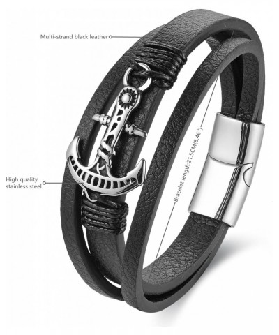 Steel Nautical Sailing Rope Marine Anchor Charm Three-strand Black Leather Bangle Bracelet $10.75 Bracelets