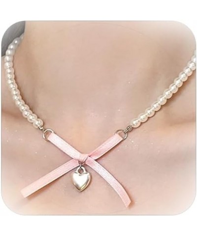 Pearl Bow Necklace for Women Pearl Bead Chain Pink Ribbon Bow Heart Pendant Necklace Imitation White Pearl Choker Necklace Je...