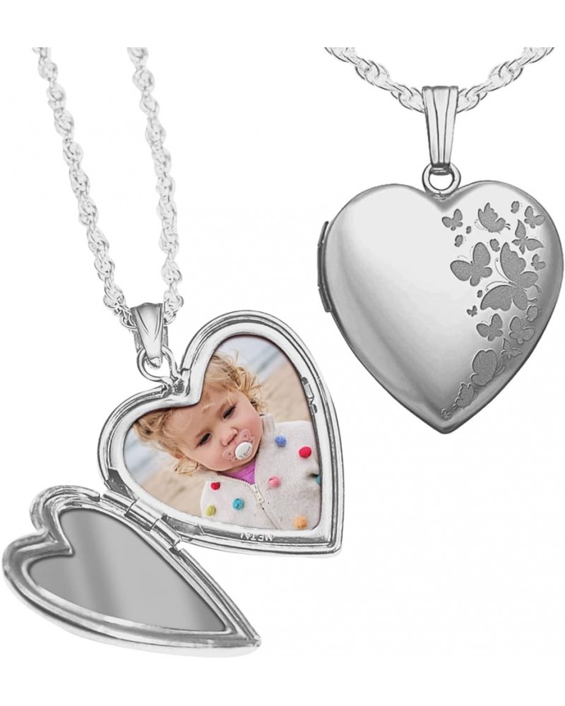 Heart Shaped "Butterflies" Photo Locket Necklace - 3/4 inch x 3/4 inch - Includes 18 inch Chain - Custom Locket Necklaces for...