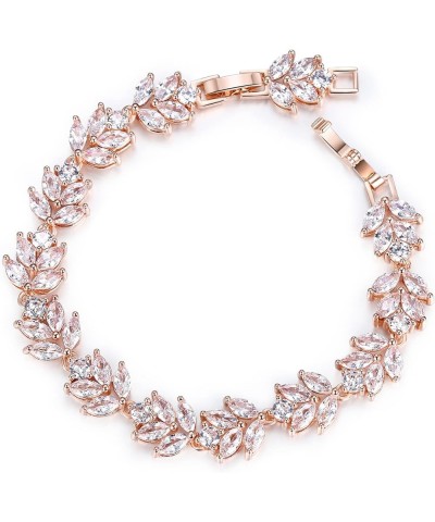 Wedding Jewerly Hand Accessory Prong Cubic Zirconia Birthstone Marquise Leaf Elegant Tennis Bracelet A_Clear Rose Gold-Tone $...