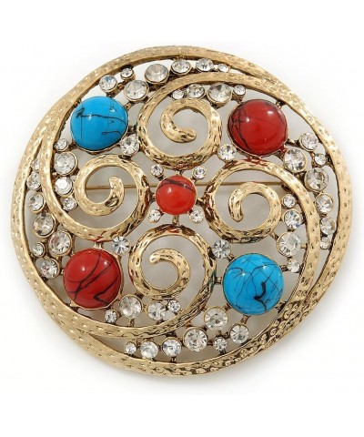 Large Vintage Round Turquoise Stone, Crystal Brooch (Gold Tone) - 67mm Diameter $19.23 Brooches & Pins