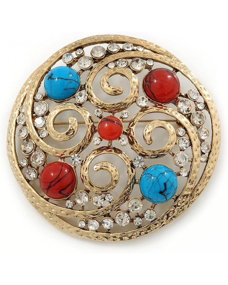 Large Vintage Round Turquoise Stone, Crystal Brooch (Gold Tone) - 67mm Diameter $19.23 Brooches & Pins