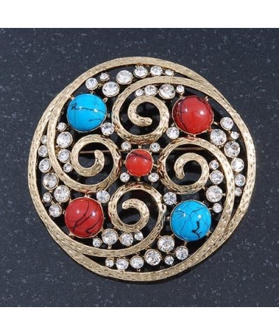 Large Vintage Round Turquoise Stone, Crystal Brooch (Gold Tone) - 67mm Diameter $19.23 Brooches & Pins