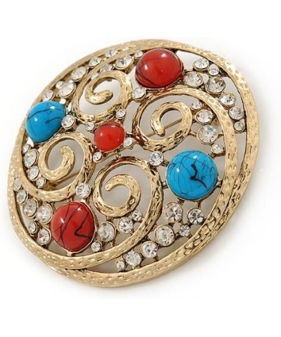 Large Vintage Round Turquoise Stone, Crystal Brooch (Gold Tone) - 67mm Diameter $19.23 Brooches & Pins