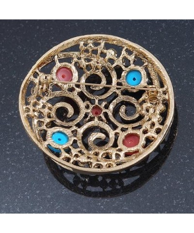 Large Vintage Round Turquoise Stone, Crystal Brooch (Gold Tone) - 67mm Diameter $19.23 Brooches & Pins