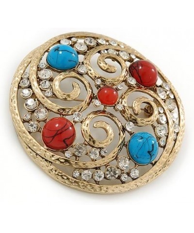 Large Vintage Round Turquoise Stone, Crystal Brooch (Gold Tone) - 67mm Diameter $19.23 Brooches & Pins