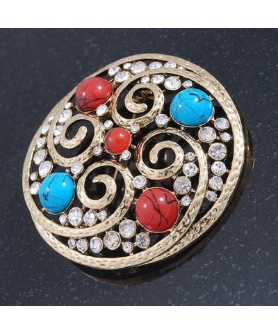 Large Vintage Round Turquoise Stone, Crystal Brooch (Gold Tone) - 67mm Diameter $19.23 Brooches & Pins