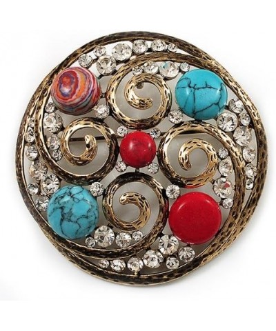 Large Vintage Round Turquoise Stone, Crystal Brooch (Gold Tone) - 67mm Diameter $19.23 Brooches & Pins