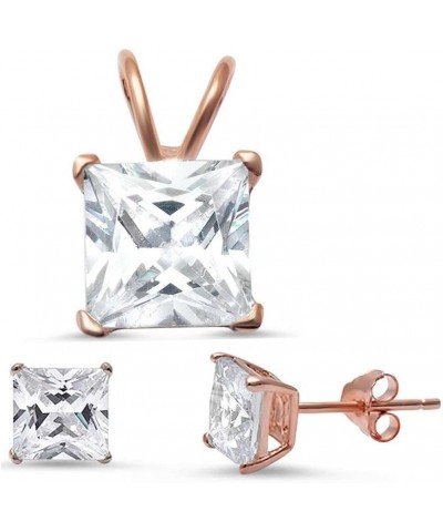 Princess Cut Simulated Gemstone Pendant & Earring .925 Sterling Silver Solitaire Set Rose Gold Plated Clear Cubic Zirconia $1...