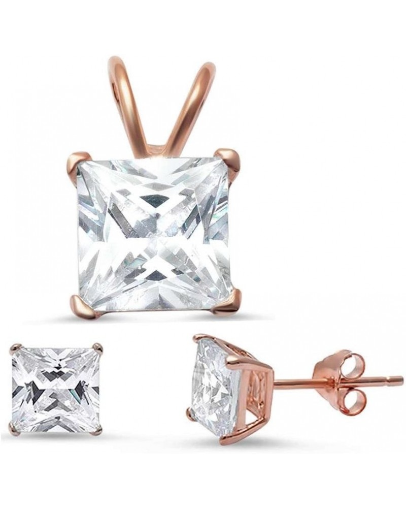 Princess Cut Simulated Gemstone Pendant & Earring .925 Sterling Silver Solitaire Set Rose Gold Plated Clear Cubic Zirconia $1...