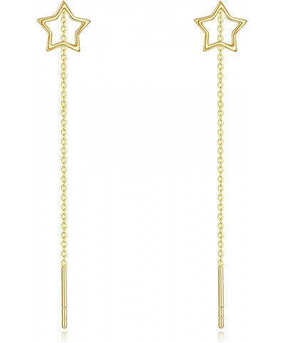 Threader Earrings 14k Solid Gold Bar Pull Through Long Piercing Earrings Ear Line Eardrop Jewelry for Women Star $49.50 Earrings