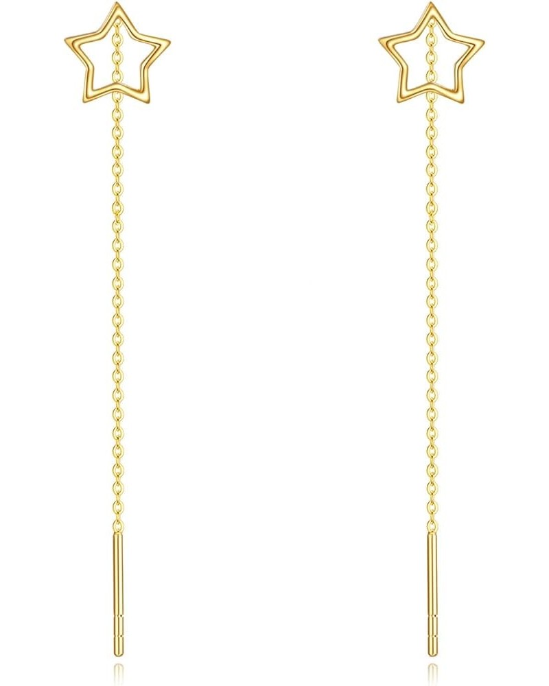 Threader Earrings 14k Solid Gold Bar Pull Through Long Piercing Earrings Ear Line Eardrop Jewelry for Women Star $49.50 Earrings