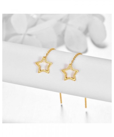 Threader Earrings 14k Solid Gold Bar Pull Through Long Piercing Earrings Ear Line Eardrop Jewelry for Women Star $49.50 Earrings