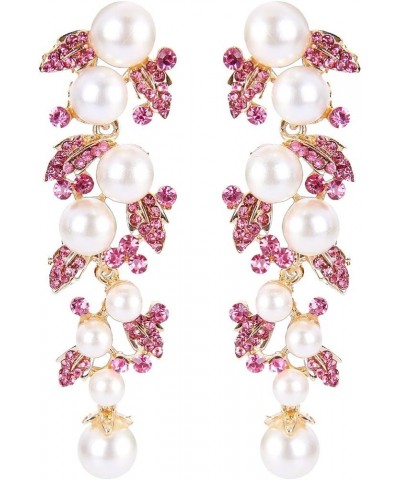 Women's Austrian Crystal Simulated Pearl Bridal Leaf Dangle Earrings Cream Simulated Pearl Pink Gold-Tone $9.87 Earrings