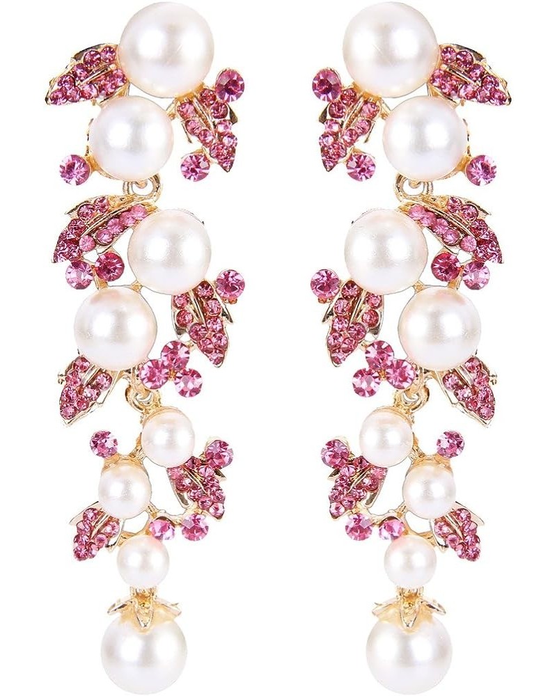 Women's Austrian Crystal Simulated Pearl Bridal Leaf Dangle Earrings Cream Simulated Pearl Pink Gold-Tone $9.87 Earrings