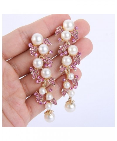 Women's Austrian Crystal Simulated Pearl Bridal Leaf Dangle Earrings Cream Simulated Pearl Pink Gold-Tone $9.87 Earrings