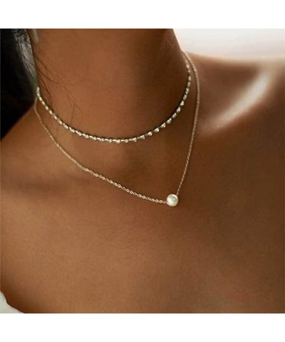 Bohemia Layered Pearl Choker Necklace Silver Cz Tennis Chain Necklace Floating Pearl Necklace Sparkly Rhinestone Clavicle Nec...