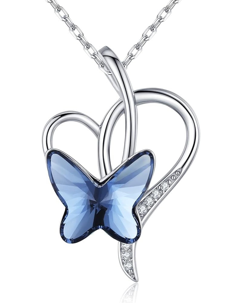 Butterfly Necklace Purple Blue Love Heart Crystal Necklace 925 Sterling Silver Crystal Butterfly Jewelry Butterfly Gifts E-Bl...