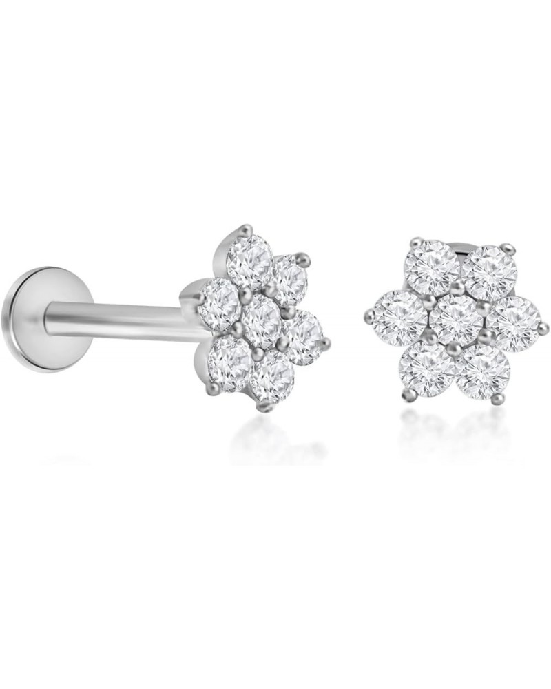 14K Solid White Gold Diamond Floral Cartilage Stud Earring Labret Tragus Ear Piercing Conch Helix Stud Diamond Cluster Earrin...