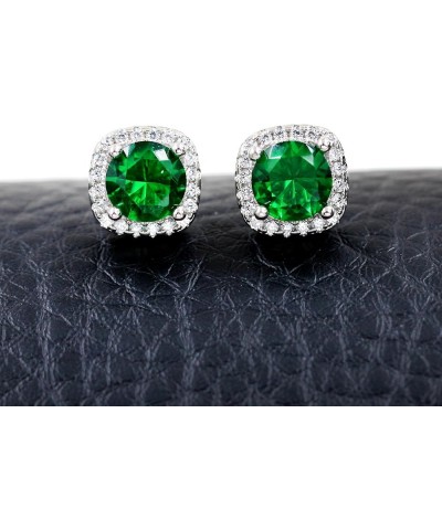 White Gold Plated 6.5mm Cubic Zirconia Stud Earrings Set Dainty Suqare Halo Studs Earrings for Women Green $5.89 Earrings